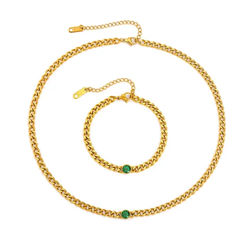 Hip Hop Cuban Link Chain Necklace Bracelet Set Titanium Steel Electroplated 18K Gold Rhinestone Pendant Jewelry For Men Women