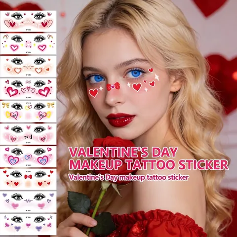 Valentine's Day Heart Freckle Tattoo Stickers Waterproof Red Pink Heart Lip Print Blush Face Tattoos For Women Party Makeup Decoration