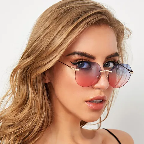 Lunettes de Soleil Polygonales Sans Monture pour Femmes Mode Protection UV400 Verres Dégradés Branches en Métal Style Ins