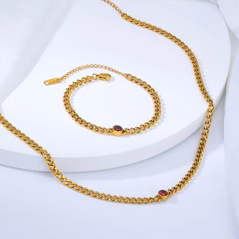 Hip Hop Cuban Link Chain Necklace Bracelet Set Titanium Steel Electroplated 18K Gold Rhinestone Pendant Jewelry For Men Women