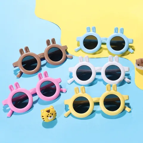 Kids Rabbit Ear Sunglasses UV400 Protection Cute Cartoon Round Frame Sun Glasses For Boys Girls Party Outdoor Eyewear