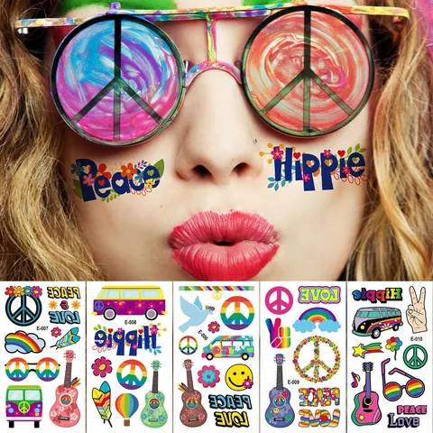 Hippie Waterproof Temporary Tattoo Stickers Peace Love Rainbow Pride Body Art Face Stickers For Music Festival Party Decoration