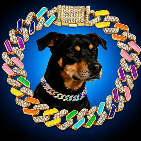Colorful Enamel Cuban Link Pet Collar Hip Hop Copper Zirconia Pave Rhinestone Necklace For Dogs Cats Decorative Jewelry