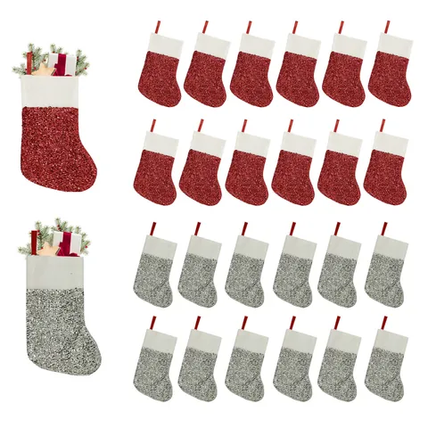 Mini Christmas Stocking Sequin Fabric Small Xmas Socks Hanging Ornament For Christmas Tree Table Cutlery Holder Candy Bag