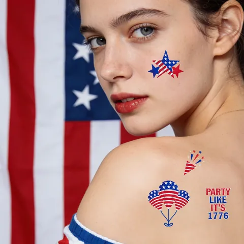 US 250th Independence Day Silver Stamping Temporary Tattoo Stickers Waterproof Patriotic USA Eagle Flag Face Body Decals