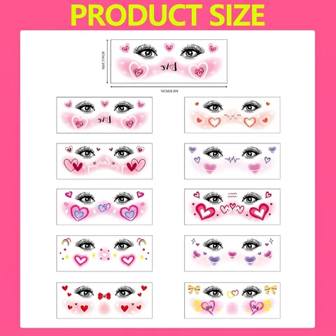 Valentine's Day Heart Freckle Tattoo Stickers Waterproof Red Pink Heart Lip Print Blush Face Tattoos For Women Party Makeup Decoration