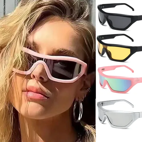 Occhiali da Sole Y2K Punk Avvolgenti Monopezzo per Donna Uomo Shield Grande Montatura Ciclismo Sport Moda Glitter Argento