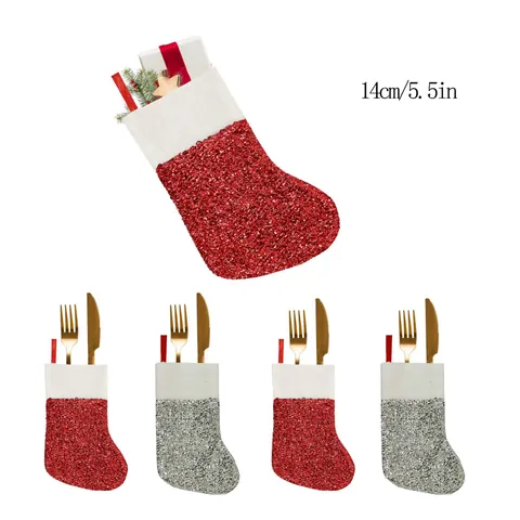 Mini Christmas Stocking Sequin Fabric Small Xmas Socks Hanging Ornament For Christmas Tree Table Cutlery Holder Candy Bag