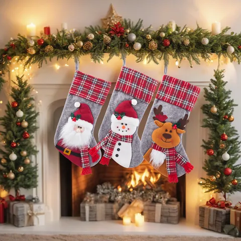 Grey Knitted Christmas Stocking With Plaid Cuff Santa Snowman Reindeer Applique Ornament For Xmas Tree Fireplace Decor