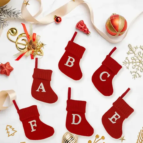 Knitted Christmas Stockings With Embroidered Alphabet Letter Red White Holiday Hanging Decoration Xmas Gift Bag Ornament