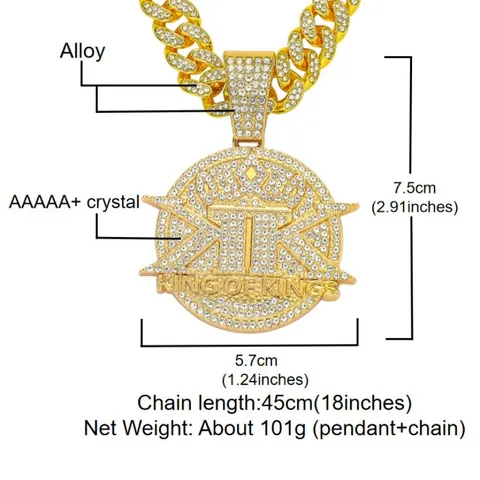 Hip Hop Alloy Rhinestone King Of Kings Letter Pendant Necklace Gold Silver Iced Out Round Crown Men Cuban Chain Jewelry