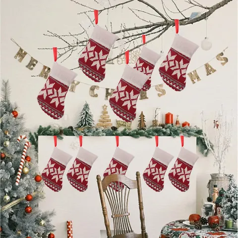 Acrylic Knitted Christmas Stockings Snowflake Geometric Pattern Mini Hanging Socks For Christmas Tree Candy Gift Bag Decor