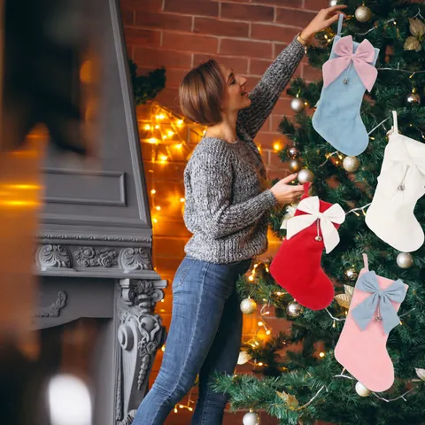 Velvet Christmas Stocking With Large Bow And Bell Plush Holiday Gift Bag Home Christmas Tree Hanging Decoration Ornament