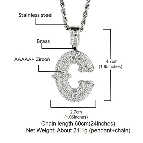 Collier Pendentif Lettre Initiale Hip Hop Zirconia en Cuivre à Pointes Alphabet Bijoux Homme Chaîne Corde Iced Out