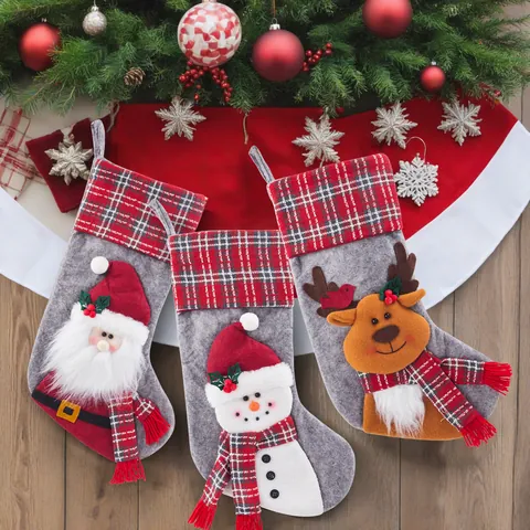 Grey Knitted Christmas Stocking With Plaid Cuff Santa Snowman Reindeer Applique Ornament For Xmas Tree Fireplace Decor