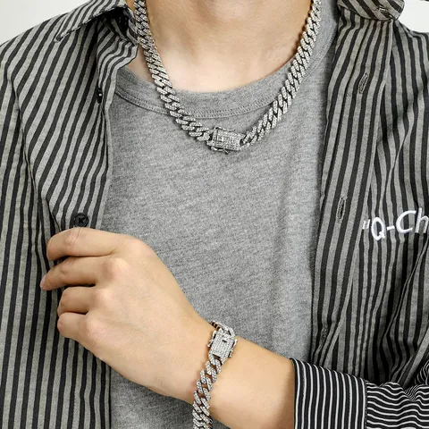 Iced Out Cubaanse Schakelketting Armband Set Voor Mannen Vrouwen Hip Hop Bling Strass Legering Sieraden Voor Feest Goud Zilver Roségoud