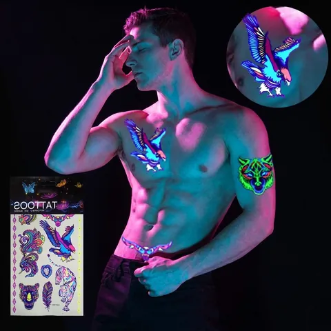 Autocollants de Tatouage Temporaire Animaux Fluorescents Halloween Hibou Loup Tigre Étanche Neon Body Art Pour Décorations de Fête