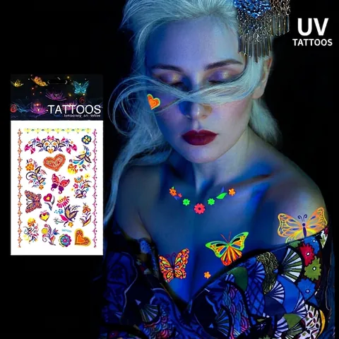 Tatouages Temporaires Papillon Fluorescents Étanche UV Glow In Dark Art Corporel Visage Papier Tatouage pour Fête Club