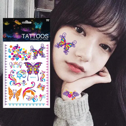 Tatouages Temporaires Papillon Fluorescents Étanche UV Glow In Dark Art Corporel Visage Papier Tatouage pour Fête Club
