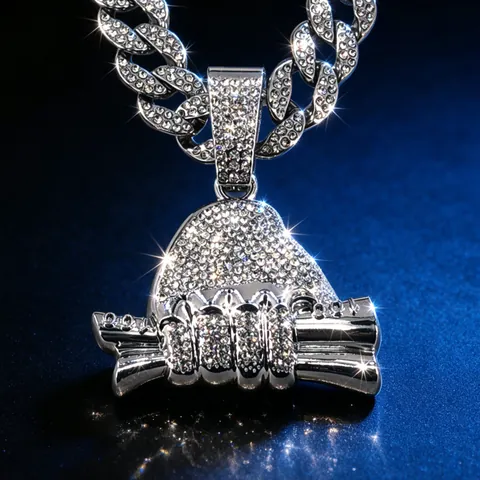 Hip Hop Rich Forever Iced Out Money Roll Vuist Hanger Ketting Voor Mannen Zinklegering Strass Cubaanse Touwketting Sieraden