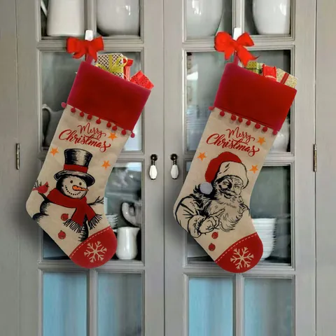 Large Burlap Christmas Stocking Santa Claus Snowman Ornament Hanging Gift Candy Bag For Fireplace Holiday Party Decor