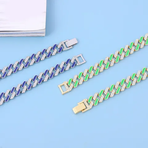 Collana Bracciale Catena Cubana Hiphop Lega Con Strass Blu Verde Smalto Catena Spessa Per Uomo Donna Gioielli Da Festa