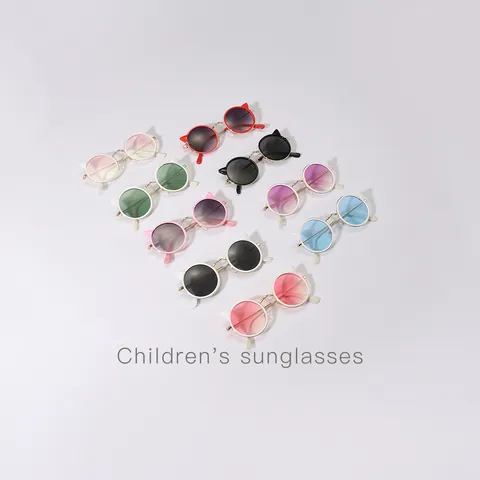 Kids Cute Cartoon Cat Ear Sunglasses Round Metal Frame Sun Glasses For Children UV400 Protection Summer Outdoor Beach Eyewear