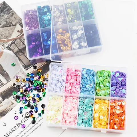 Juego de Lentejuelas de Escamas de Pescado en Caja de 10 Compartimentos PVC Lentejuelas Redondas Cóncavas Material Bordado DIY para Decoración Ropa