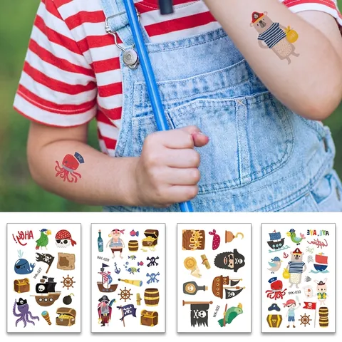 Cartoon Kids Temporary Tattoo Stickers Pirate Shark Dinosaur Mermaid Theme Waterproof Body Art Stickers For Children Party Gift Decor