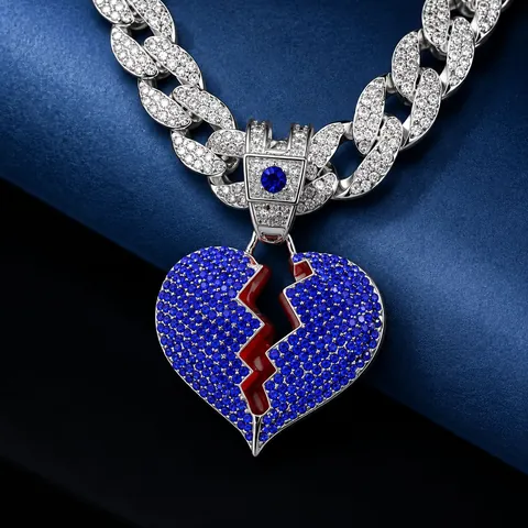 Collana con Ciondolo a Cuore Spezzato Iced Out in Lega Hip Hop per Uomo Donna Catena Cubana con Strass Gioielli di Moda Regali