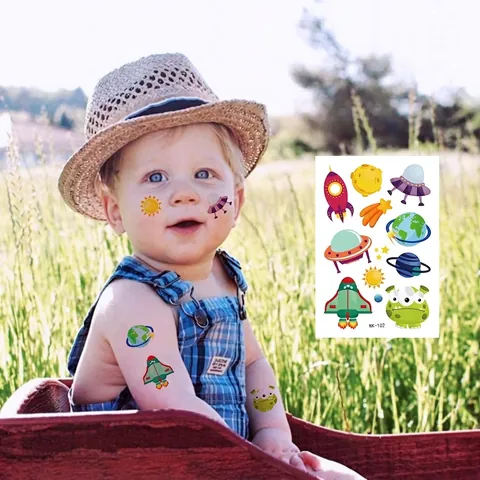 Tatouages Temporaires Espace Astronaute Autocollants Étanche Coloré Dessin Animé Fusées Planètes Pour Fête Enfant
