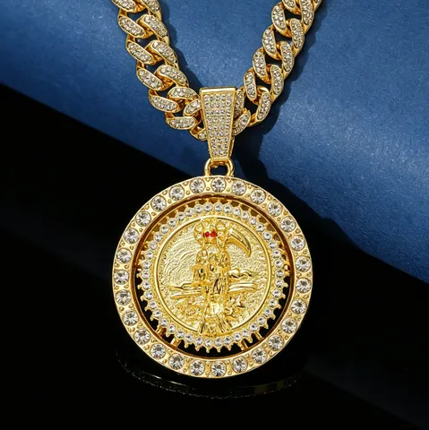 Hip Hop Rotating Grim Reaper Scythe Pendant Necklace Iced Out Rhinestone Alloy Cuban Chain For Men Streetwear Jewelry