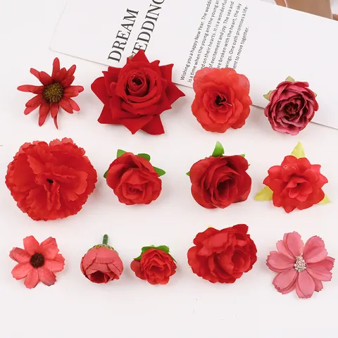 Red Artificial Flower Heads Silk Rose Carnation Heads For DIY Crafts Wedding Party Home Decor Chinese Festive Decorative Flowers