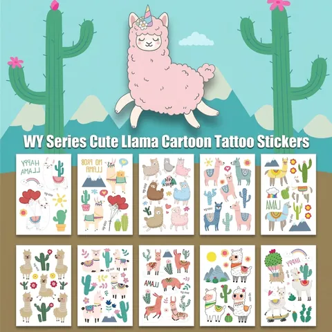 Cute Alpaca Cartoon Temporary Tattoos For Kids Llama Cactus Pattern Water Transfer Waterproof Body Stickers For Birthday Party