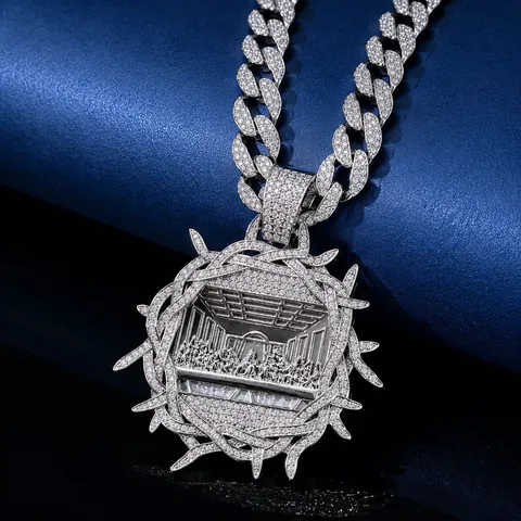 Hip Hop Legierung Strass Das Letzte Abendmahl Anhänger Halskette Für Herren Dornen Religiöses Relief Strass Panzerkette Schmuck