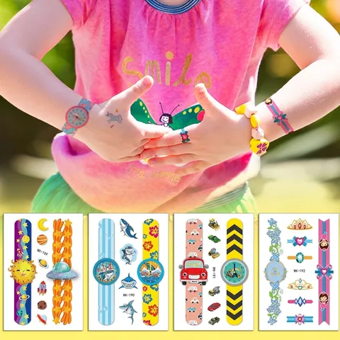 Kids Cartoon Watch Temporary Tattoos Stickers Waterproof Colorful Rainbow Space Pirate Animals Fake Tattoo For Children Gift