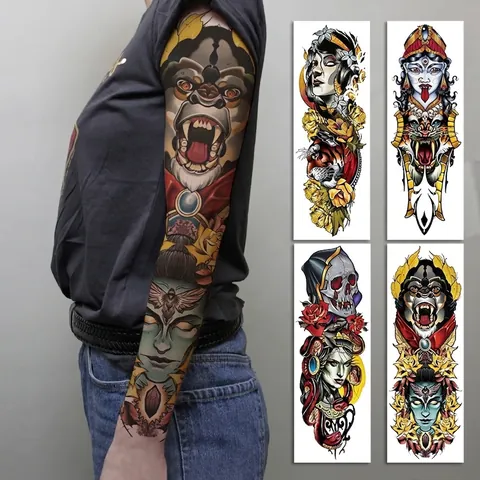 Pegatina de Tatuaje Temporal de Brazo Completo Impermeable Manga Grande Body Art Diseño La Bella y la Bestia Para Hombres Mujeres