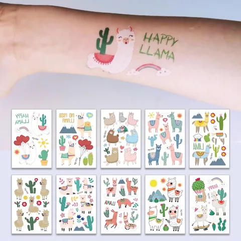 Cute Alpaca Cartoon Temporary Tattoos For Kids Llama Cactus Pattern Water Transfer Waterproof Body Stickers For Birthday Party