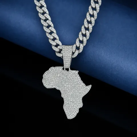Hiphop Africa Map Pendant Necklace Alloy Rhinestone Full Iced Out Cuban Link Chain Streetwear Jewelry For Men Women Gold Silver