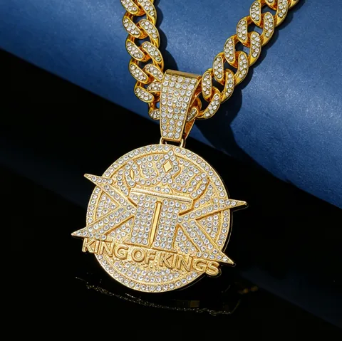 Hip Hop Alloy Rhinestone King Of Kings Letter Pendant Necklace Gold Silver Iced Out Round Crown Men Cuban Chain Jewelry