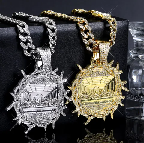 Hip Hop Legierung Strass Das Letzte Abendmahl Anhänger Halskette Für Herren Dornen Religiöses Relief Strass Panzerkette Schmuck