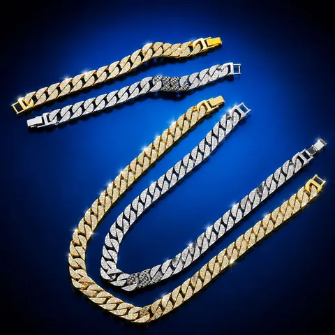 Hip Hop Iced Out Cubaanse Schakelketting Armband Set Legering Strass Pave Dik Streetwear Sieraden Voor Mannen Vrouwen