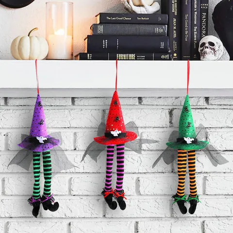 Halloween Witch Hat Hanging Ornament With Striped Long Legs Spooky Ghost Sequin Mesh Decor For Party Home Window Bar