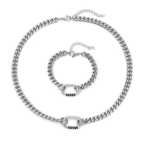 Titanium Staal Cubaanse Schakelketting Halsketting Armband Set Voor Mannen Hip Hop Minimalistisch Ovale Schakelverbinding Gepolijst Zilveren Sieraden