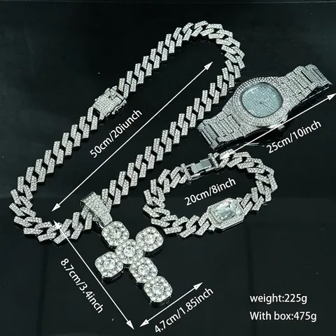 Set Gioielli Hip Hop Iced Out Collana Pendente Croce Strass Catena Cubana Orologio Bracciale per Uomo Donna Gioielli Lusso