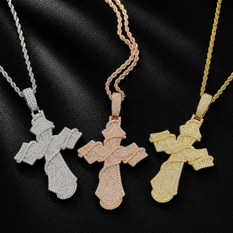 Hip Hop Iced Out Dornen Kreuz Anhänger Halskette Kupfer Eingelegt Zirkonia Mit Edelstahl Seilkette Streetwear Schmuck Für Herren