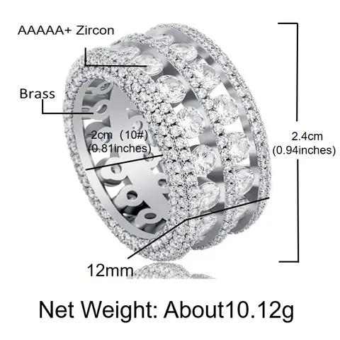 Bague Large Hip Hop pour Hommes Cuivre Zirconia Ajouré Double Rangée Incrusté Or Argent Plaqué Punk Street Style Bijoux