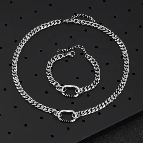 Titanium Staal Cubaanse Schakelketting Halsketting Armband Set Voor Mannen Hip Hop Minimalistisch Ovale Schakelverbinding Gepolijst Zilveren Sieraden