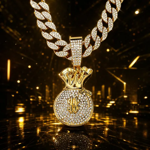 Hip Hop Homme Alliage Strass Sac d'Argent Pendentif Collier Avec Signe Dollar Et Chaîne Cubaine 18 Pouces Bijoux Mode