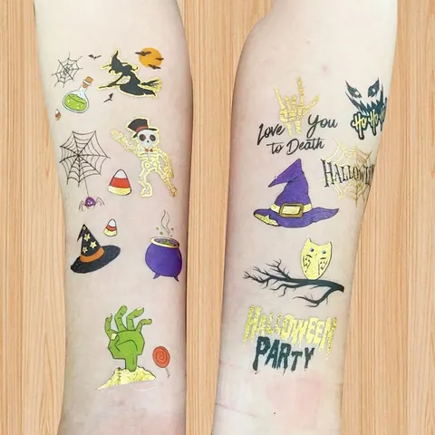 Kids Halloween Bronzing Temporary Tattoo Stickers Waterproof Cartoon Gold Foil Pumpkin Ghost Bat Skeleton Body Art Stickers